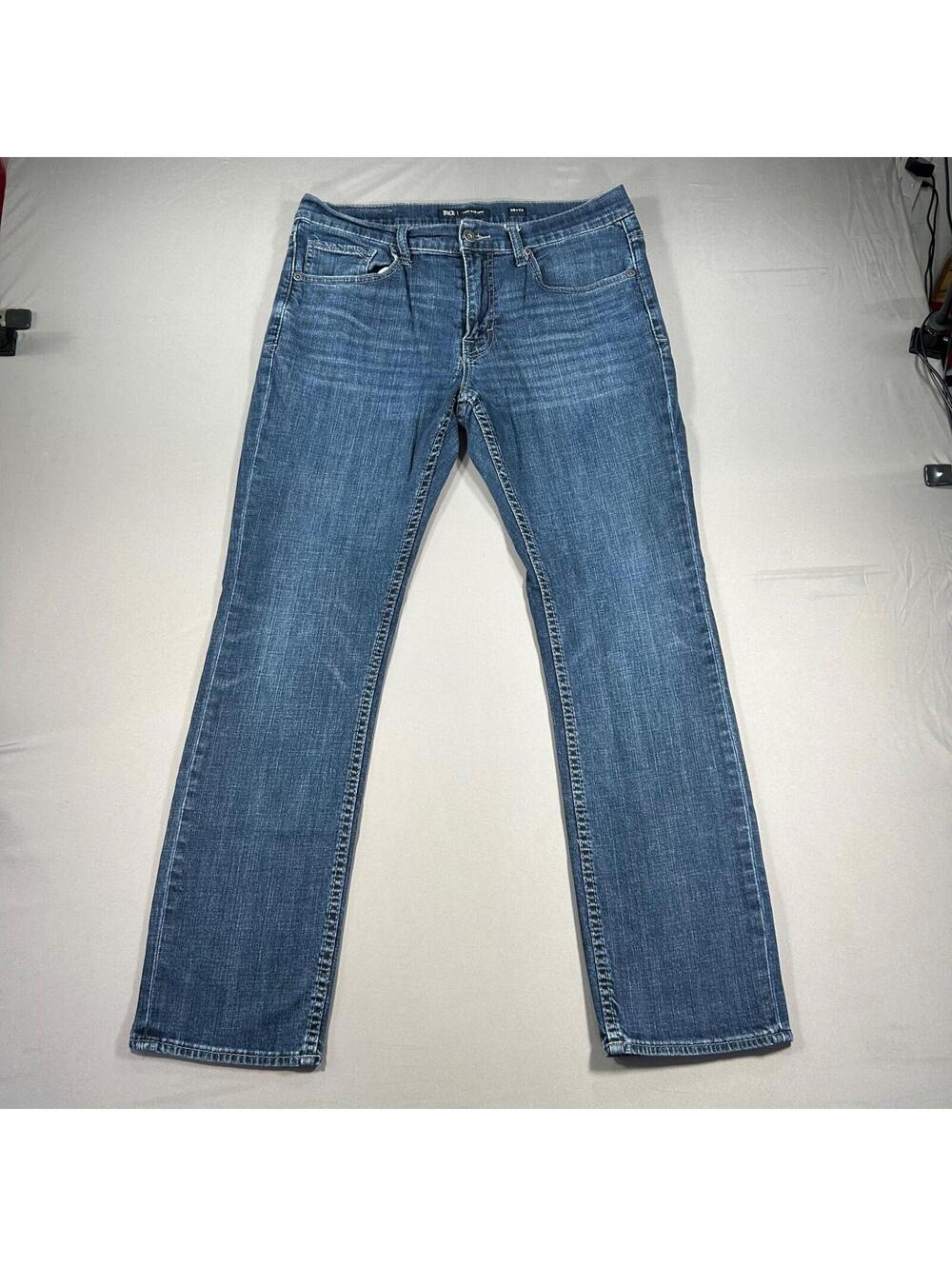 BKE Mens Jeans 36x32 Blue Denim Jake Straight Leg Whiskering Thick Stitch Street